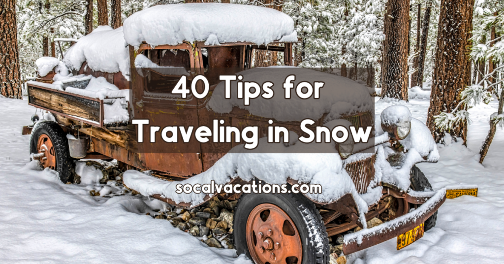 40 Tips for Traveling in Snow. Old truck in the middle of the forest covered in snow.